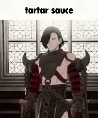 A Man In Armor Is Standing In Front Of A Window With The Words Tartar Sauce Written On It . GIF