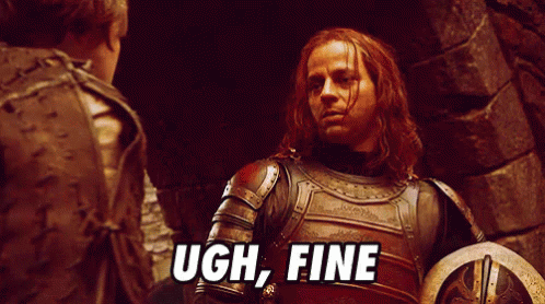 A Man In Armor Says " Ugh Fine " In Front Of Another Man GIF