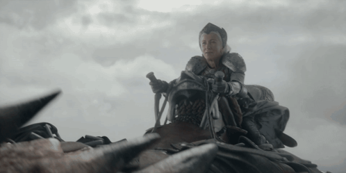 A Man In Armor Sits On Top Of A Dragon With A Sword In His Hand GIF