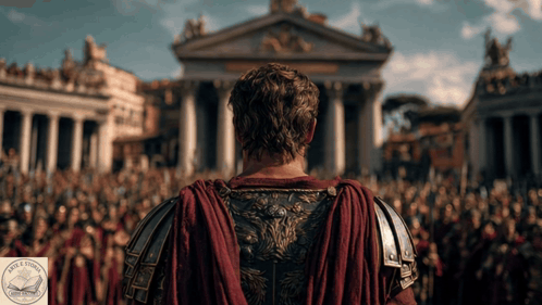 A Man In Armor Stands In Front Of A Crowd Of People And A Sign That Says ' Bible Stories ' On It GIF