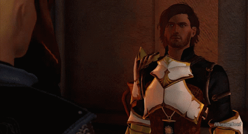 A Man In Armor Stands In Front Of Another Man In A Video Game With Illustrator.com At The Bottom GIF