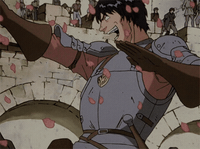 A Man In Armor With A Shield On His Chest Is Surrounded By Flowers GIF