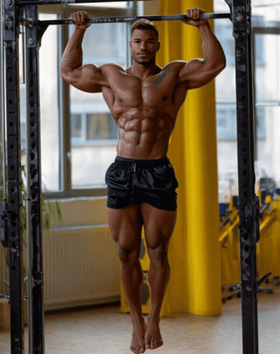 A Man In Black Shorts Is Doing A Pull Up GIF