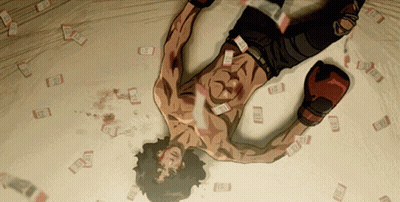 A Man In Boxing Gloves Is Laying On The Floor With A Lot Of Money Around Him That Says ' A ' On Them GIF