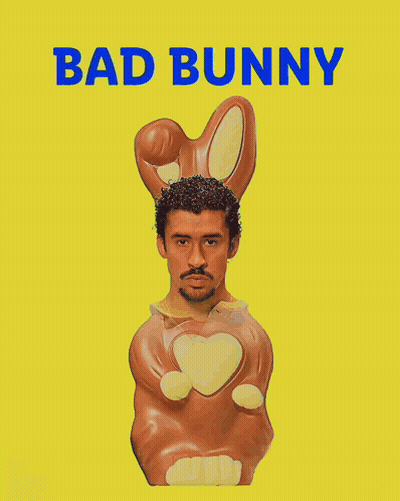 A Man In Bunny Ears Is On A Yellow Background With The Words Bad Bunny GIF