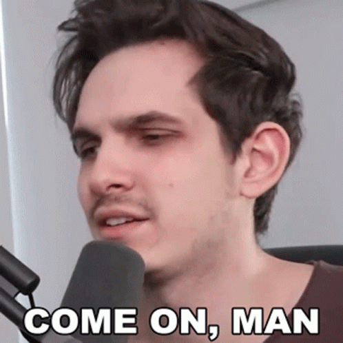 A Man In Front Of A Microphone With The Words Come On Man Written On His Face GIF