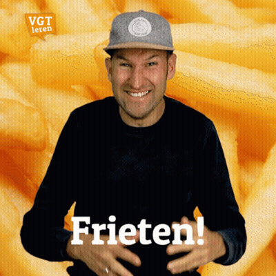 A Man In Front Of A Pile Of French Fries With The Word Frieten On His Chest GIF