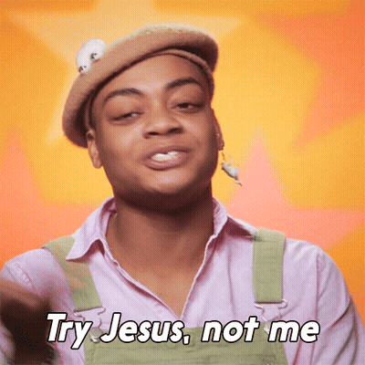 A Man In Overalls And A Beret Says Try Jesus Not Me GIF