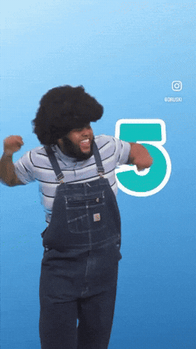 A Man In Overalls Is Dancing In Front Of A Blue Background With The Number 5 On It GIF