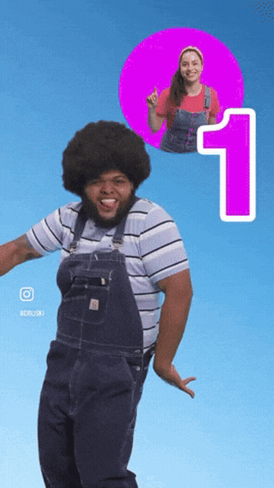 A Man In Overalls Is Dancing With A Woman In A Pink Circle Behind Him With The Number 1 GIF