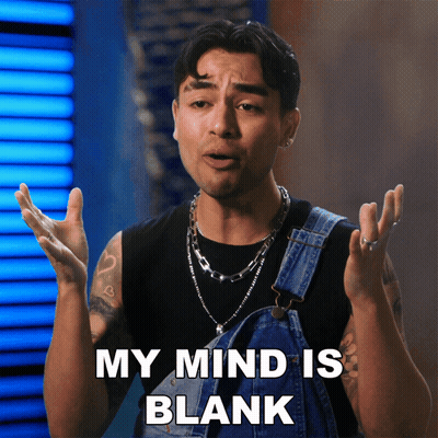 A Man In Overalls Says " My Mind Is Blank " In Front Of A Blue Background GIF