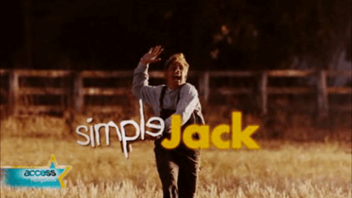 A Man In Overalls Stands In A Field With Simple Jack Written On The Bottom GIF