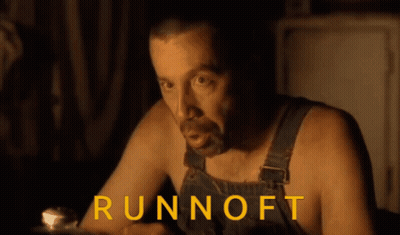 A Man In Overalls With The Word Runnoff In Yellow GIF