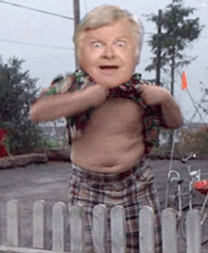 A Man In Plaid Shorts Is Standing Behind A Fence With His Shirt Off GIF