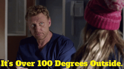 A Man In Scrubs Is Talking To A Girl In A Pink Hat With The Words " It 'S Over 100 Degrees Outside " GIF