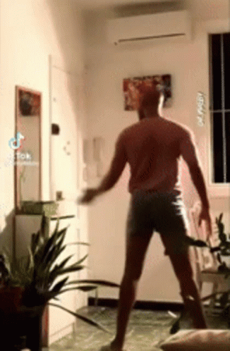 A Man In Shorts Is Dancing In A Room With Plants And A Mirror . GIF
