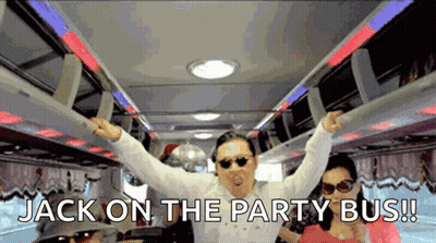 A Man In Sunglasses Is Dancing On A Party Bus With The Words Jack On The Party Bus Written Below Him GIF