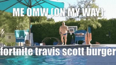 A Man In Swim Trunks Is Standing In A Pool With The Caption " Me Omw On My Way " GIF