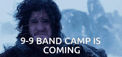 A Man In The Snow With The Words 9-9 Band Camp Is Coming GIF
