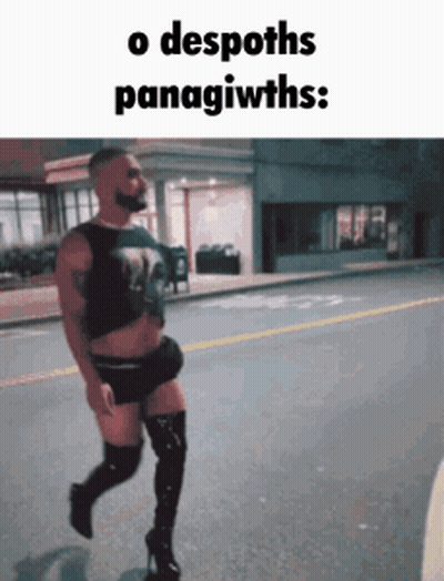 A Man In Thigh High Boots Is Running Down A Street GIF