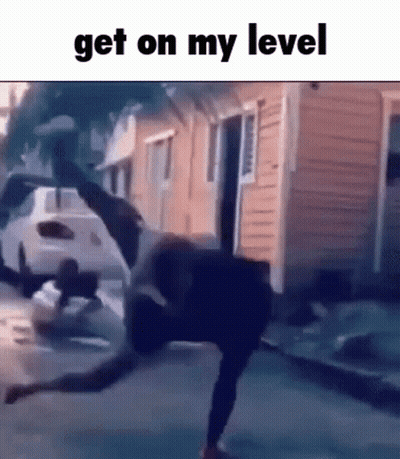 A Man Is Bending Over In Front Of A Car With The Door Open And The Words `` Get On My Level '' Written On The Bottom . GIF