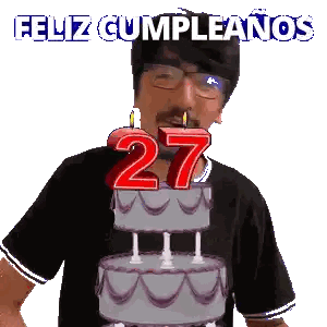 A Man Is Blowing Out A Candle On A Birthday Cake With The Number 27 On It Sticker