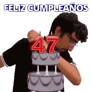 A Man Is Blowing Out A Candle On A Cake That Says 47 Sticker