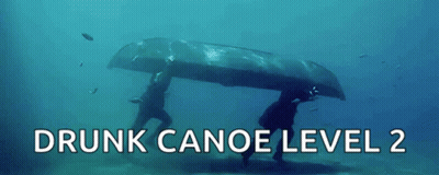A Man Is Carrying A Canoe In The Water With The Words " Drunk Canoe Level 2 " Above Him GIF