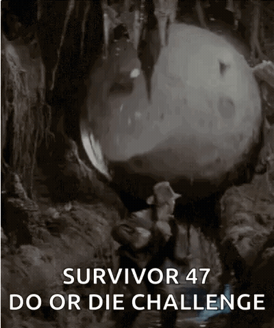 A Man Is Carrying A Large Rock In A Cave With The Words Survivor 47 Do Or Die Challenge On The Bottom . GIF