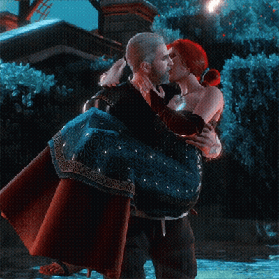 A Man Is Carrying A Woman In His Arms And Kissing Her On The Cheek GIF
