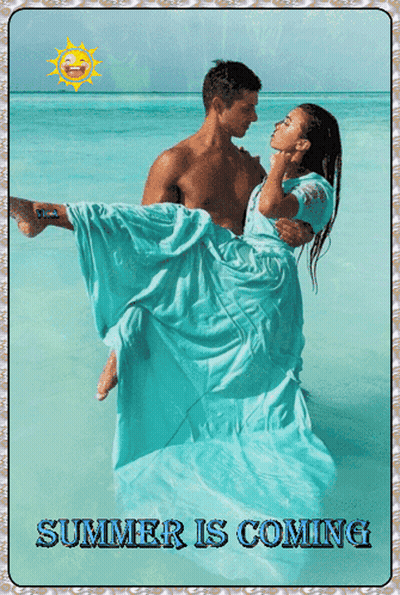 A Man Is Carrying A Woman In His Arms With The Words Summer Is Coming Below Them GIF