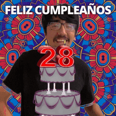 A Man Is Celebrating His 28Th Birthday With A Colorful Background GIF