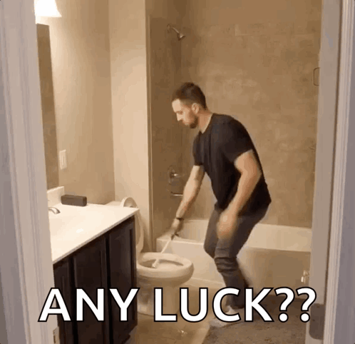 A Man Is Cleaning A Toilet In A Bathroom With The Words Any Luck Written Above Him . GIF