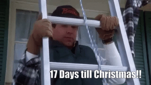 A Man Is Climbing Up A Ladder With The Words 17 Days Till Christmas Written Below Him GIF