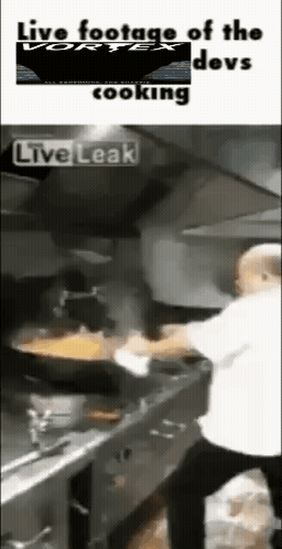 A Man Is Cooking In A Kitchen With The Words Live Footage Of The Devs Cooking On The Bottom GIF