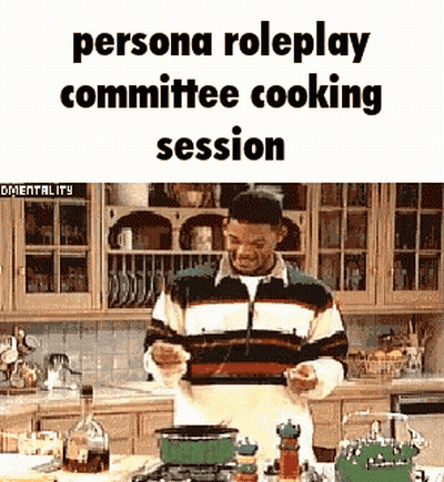 A Man Is Cooking In A Kitchen With The Words Persona Roleplay Committee Cooking Session Below Him . GIF