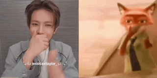 A Man Is Covering His Mouth In Front Of A Picture Of A Fox . GIF