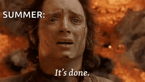 A Man Is Crying In Front Of A Fire With The Words `` Summer : It 'S Done '' Written Above Him . GIF