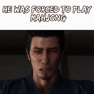 A Man Is Crying With The Words He Was Forced To Play Mahjong Written Above Him GIF