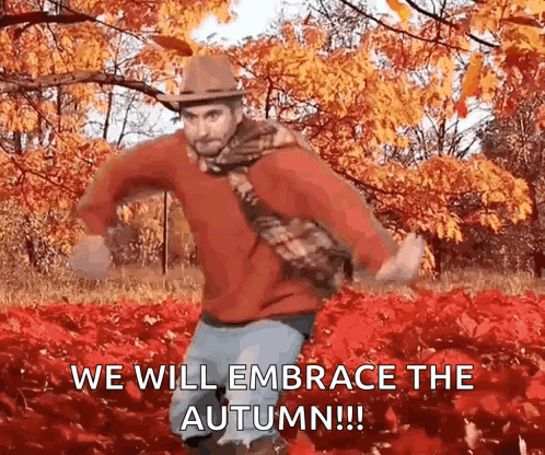 A Man Is Dancing In A Field Of Leaves With The Words `` We Will Embrace The Autumn ! '' GIF