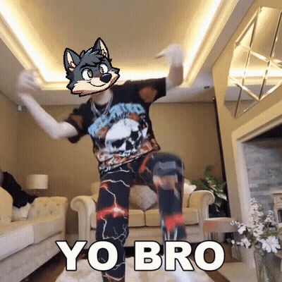 A Man Is Dancing In A Living Room With A Picture Of A Wolf And The Words Yo Bro GIF