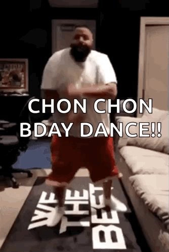 A Man Is Dancing In A Living Room With The Words Chon Chon Bday Dance GIF