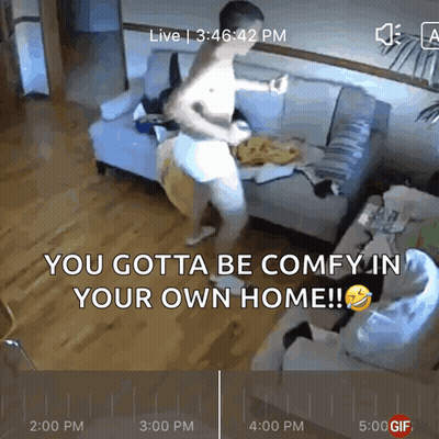 A Man Is Dancing In A Living Room With The Words You Gotta Be Comfy In Your Own Home On The Bottom GIF
