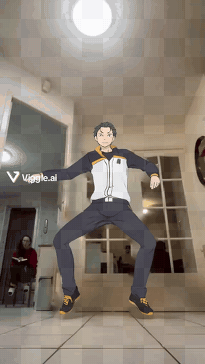 A Man Is Dancing In A Room With A Woman Sitting In The Background And The Words Wiggle.ai On The Bottom GIF