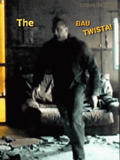 A Man Is Dancing In A Room With The Words " The Bau Twista " Written Above Him GIF