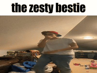 A Man Is Dancing In A Room With The Words The Zesty Bestie On The Bottom GIF
