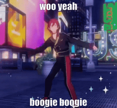 A Man Is Dancing In A Video Game With The Words Woo Yeah Boogie Boogie On The Bottom . GIF