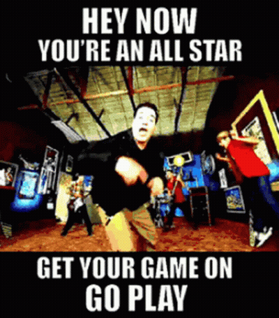 A Man Is Dancing In An Arcade With The Words Hey Now You 'Re An All Star Get Your Game On Go Play GIF