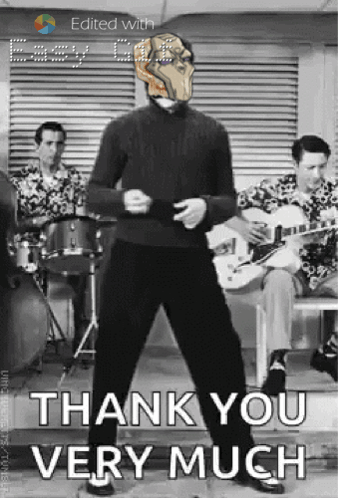 A Man Is Dancing In Front Of A Band With The Words Thank You Very Much GIF
