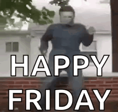 A Man Is Dancing In Front Of A Brick Wall With The Words `` Happy Friday '' . GIF